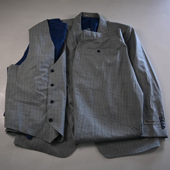 NEW Stacy Adams 46R 42x38 Gray Blue Stripe Hybrid 3 Piece Vest Mens Suit - Picture 1 of 12